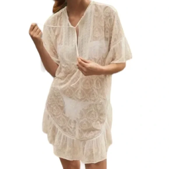 Anthropolgie silky lace embroidery top Sz XS cover up mini dress - Picture 2 of 9